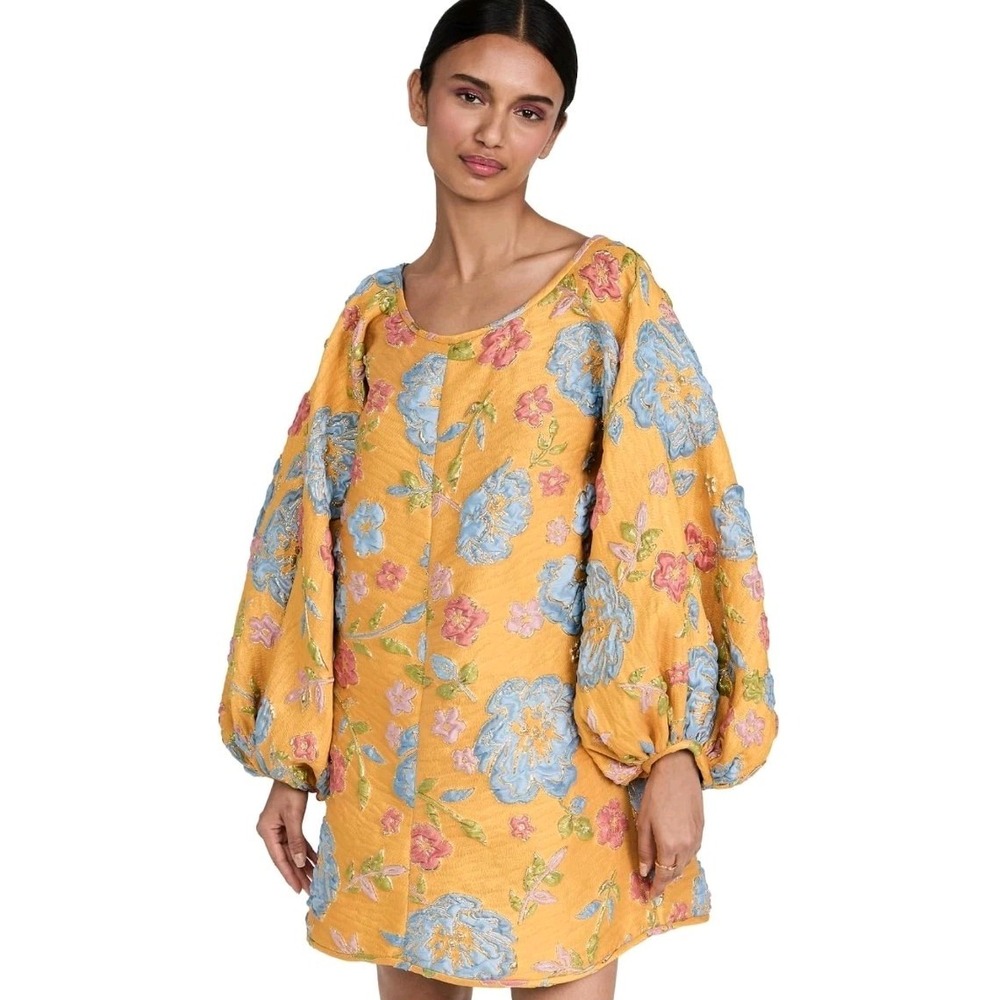 Arianne Elmy Yellow Good Luck Dress XL*** Floral Metallic Mini Balloon Sleeve